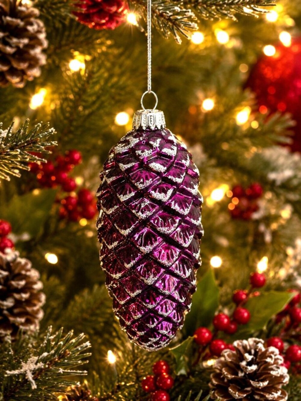 Vintage German Amethyst Pinecone Glass Christmas Ornament Silver Glitter 4"
